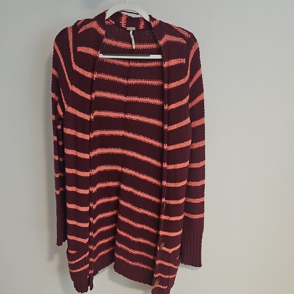 Free People Beach Striped Women’s Sweater Cardigan - Burgundy and Coral Sz M
